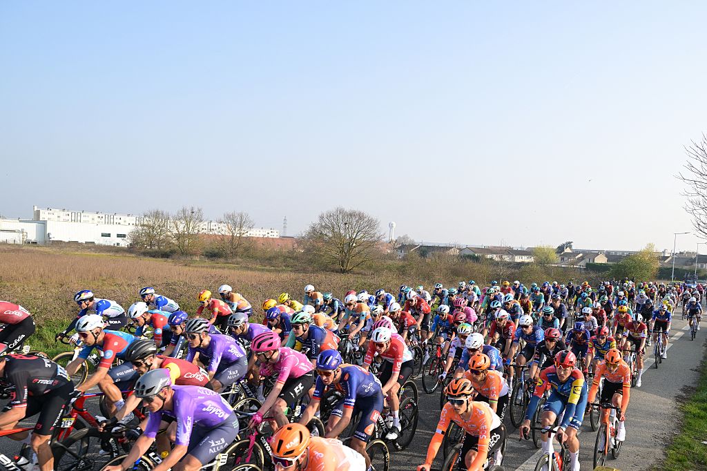 Riders in the peloton at the first stage of 84th edition of the Paris-Nice cycling race, 170,9 km from Archeres to Carrieres-sous-Poissy, Sunday 08 March 2026.BELGA PHOTO DAVID PINTENS (Photo by DAVID PINTENS / BELGA MAG / Belga via AFP)