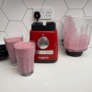 Blended frozen berries, banana and chia seeds smoothie in Magmix Power Blender