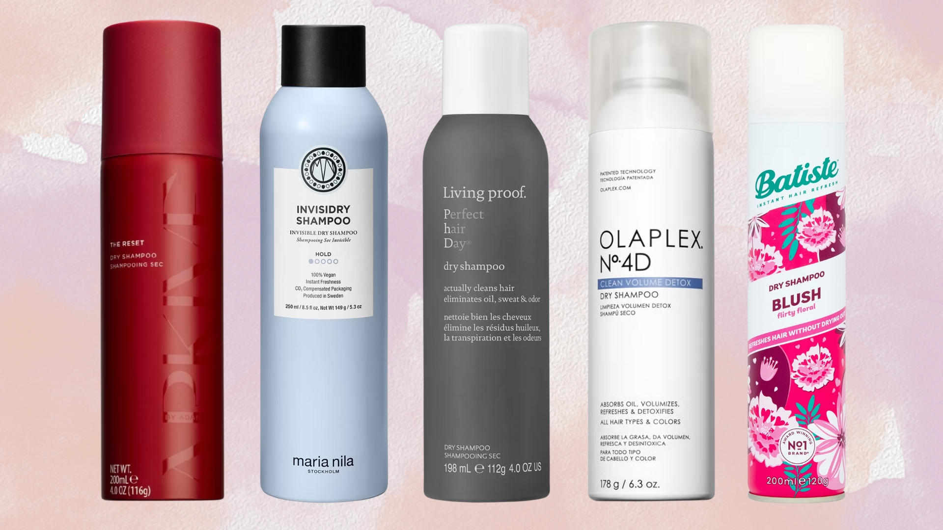 Collage of the best dry shampoos for oily hair (L-R) Arkive The Reset, Maria Nila Invisidry, Living Proof Perfect Hair Day, Olaplex No 4D, Batiste Blush, on a pink purple watercolour background