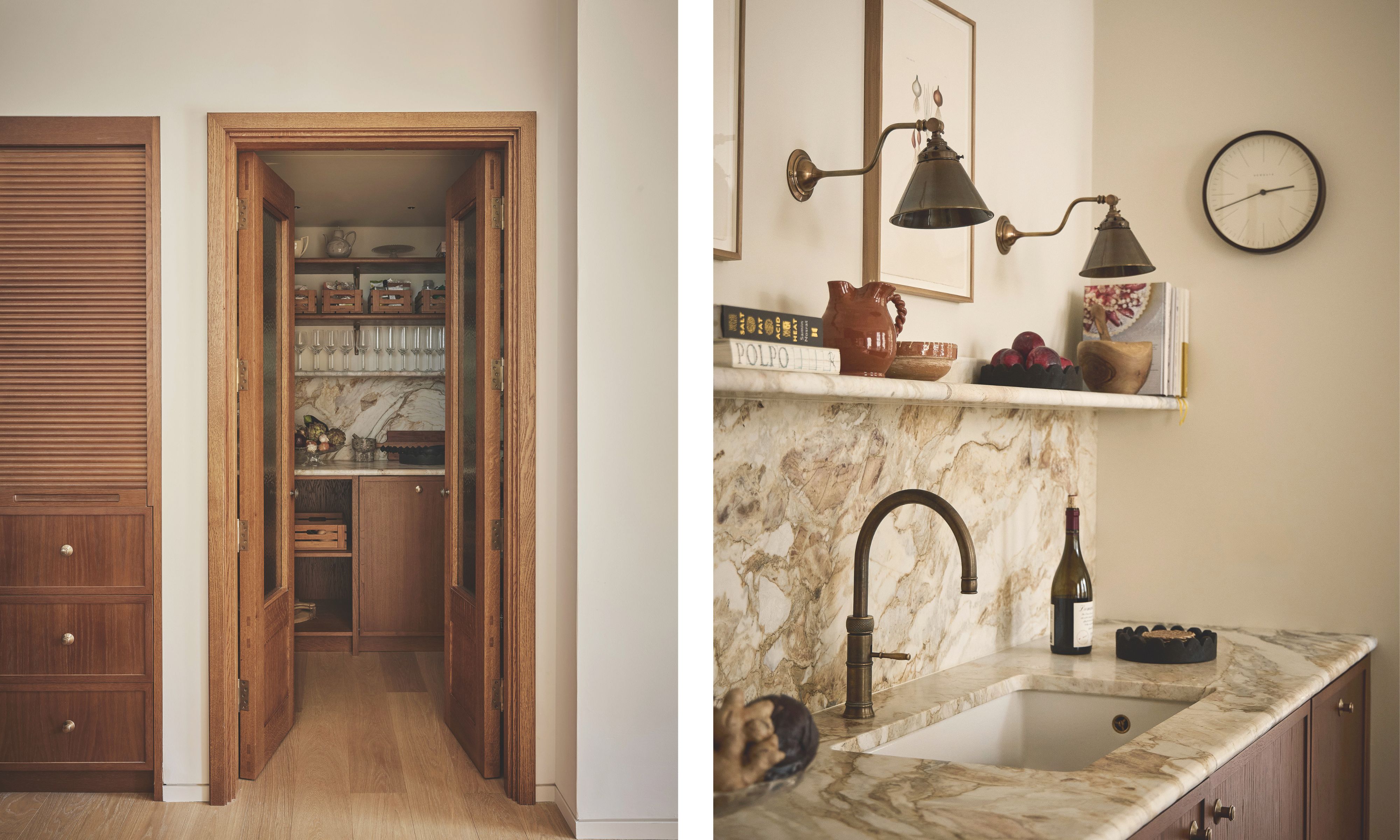 Left image: the view into a pantry through a wooden door. The pantry beyond has wooden cabinets and shelves above with jars and glasses. Right image: a close up shot of kitchen shelving above a sink. The countertops an backsplash are marble and the shelf is decorated with books and rustic crockery