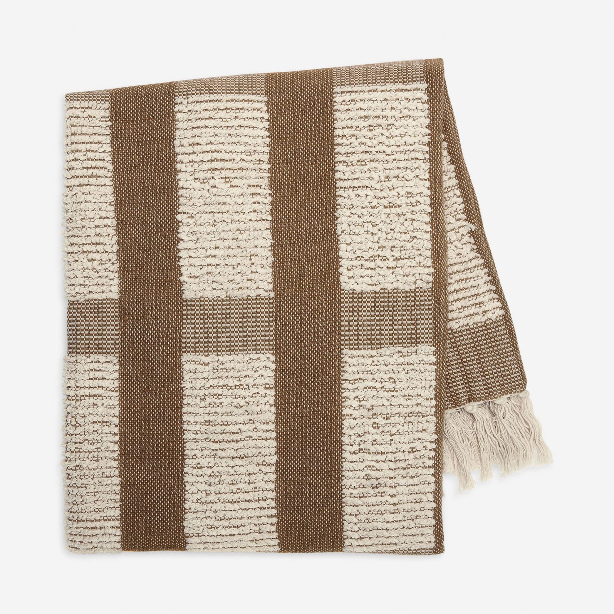 Brown and cream textured throw blanket with tassels