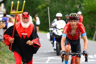 SERRE CHEVALIER FRANCE JULY 13 Didi Senft of Germany Devil Didi Devil cheers whilst Dylan Teuns of Belgium and Team Bahrain Victorious competes during the 109th Tour de France 2022 Stage 11 a 1517km stage from Albertville to Col de Granon Serre Chevalier 2404m TDF2022 WorldTour on July 13 2022 in Col de GranonSerre Chevalier France Photo by Tim de WaeleGetty Images