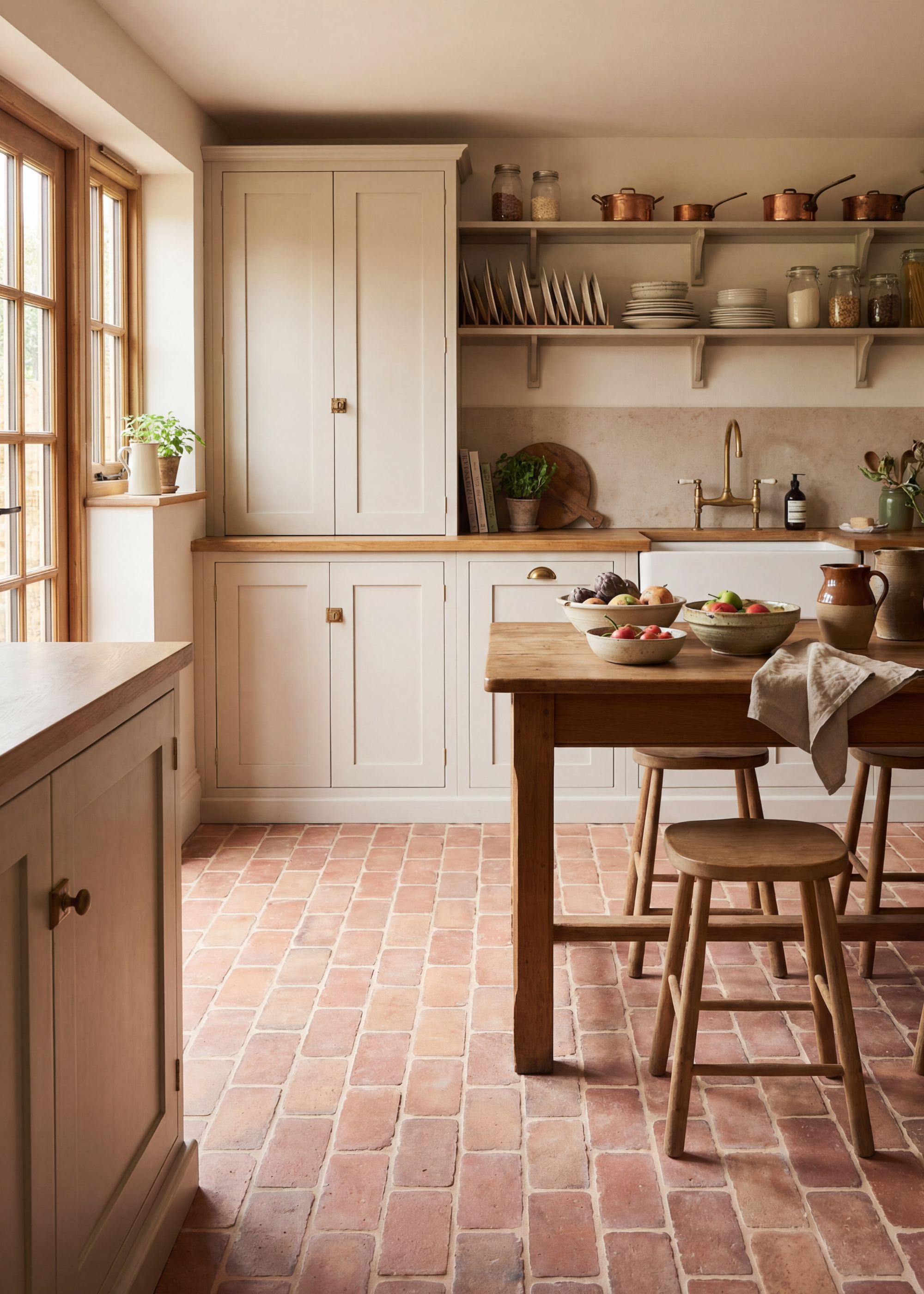 A traditional creamy farmhouse kitchen with a terracotta brick floor