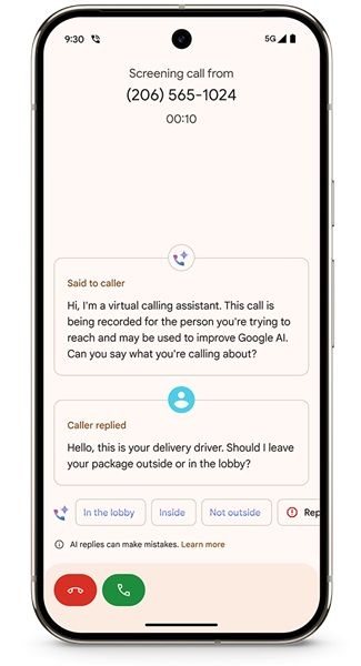 The Call Screen on the Pixel 9 series leverages Gemini Nano for added assistance like suggested replies.