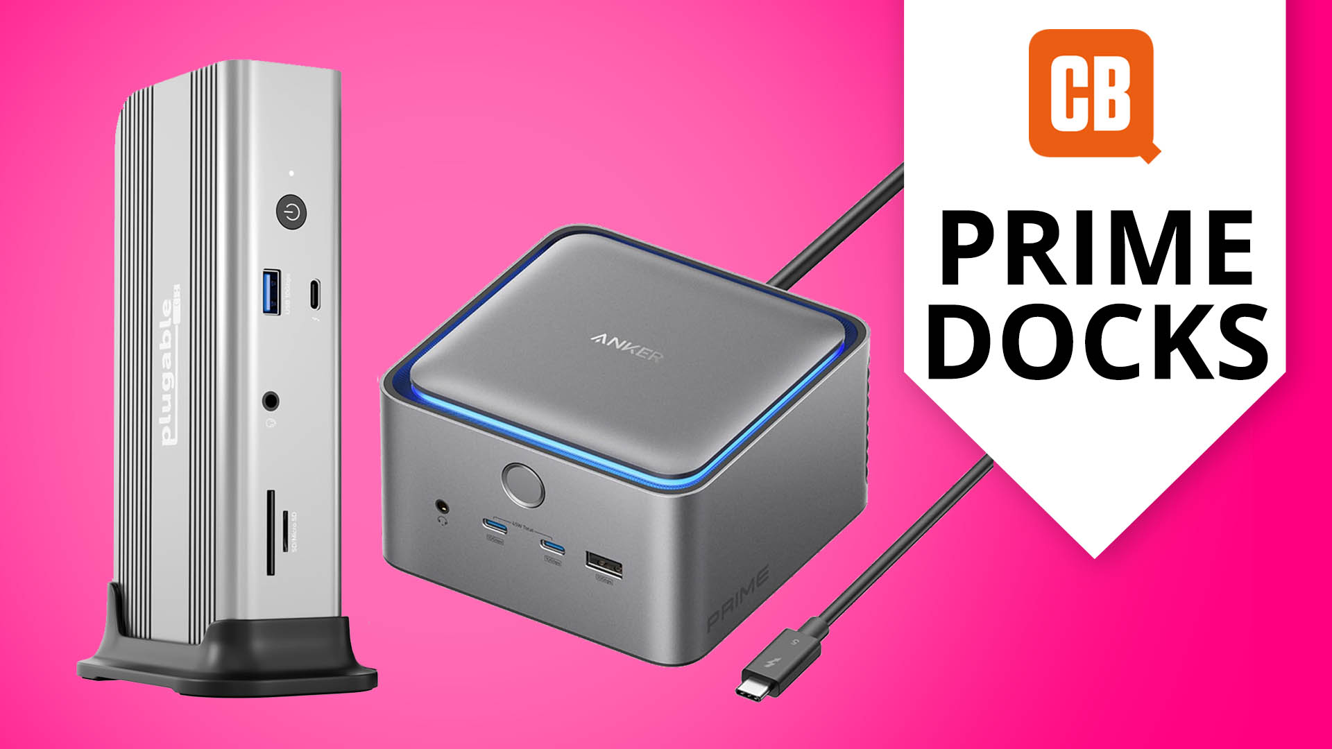 Two MacBook Prime Day docking station deals on a pink background