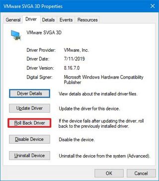 Device Manager driver rollback option