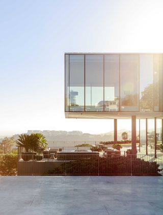 exterior of contemporary glass house in Bel Air