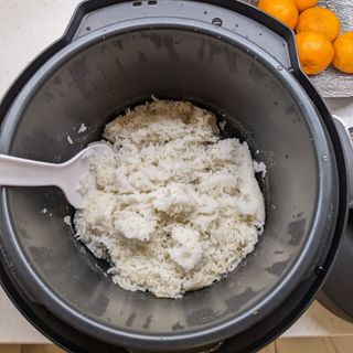 Cooked rice in the Crockpot Turbo Express Electric Pressure Cooker