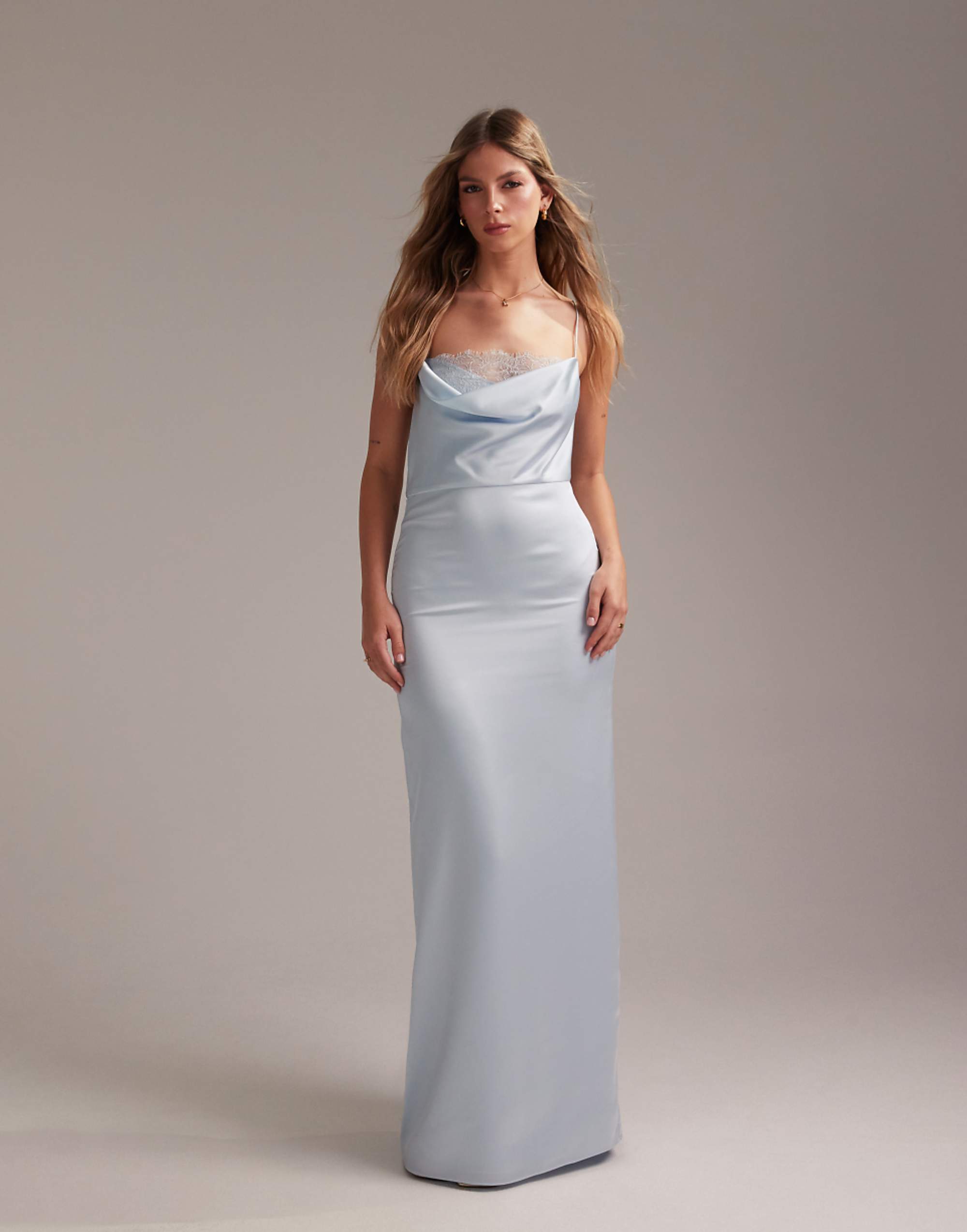 Asos Design Bridesmaids Lace Detail Column Satin Maxi Dress in Light Blue