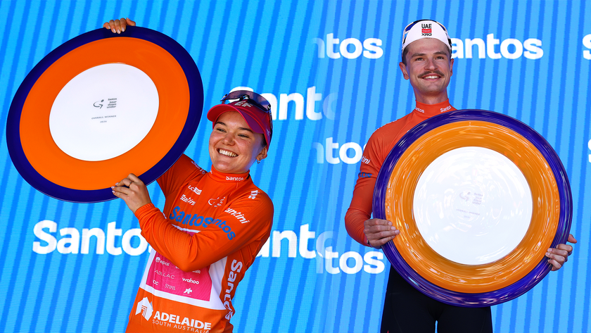 Split image of Noemi Ruegg and Jay Vine on the podium as winners of the Tour Down Under