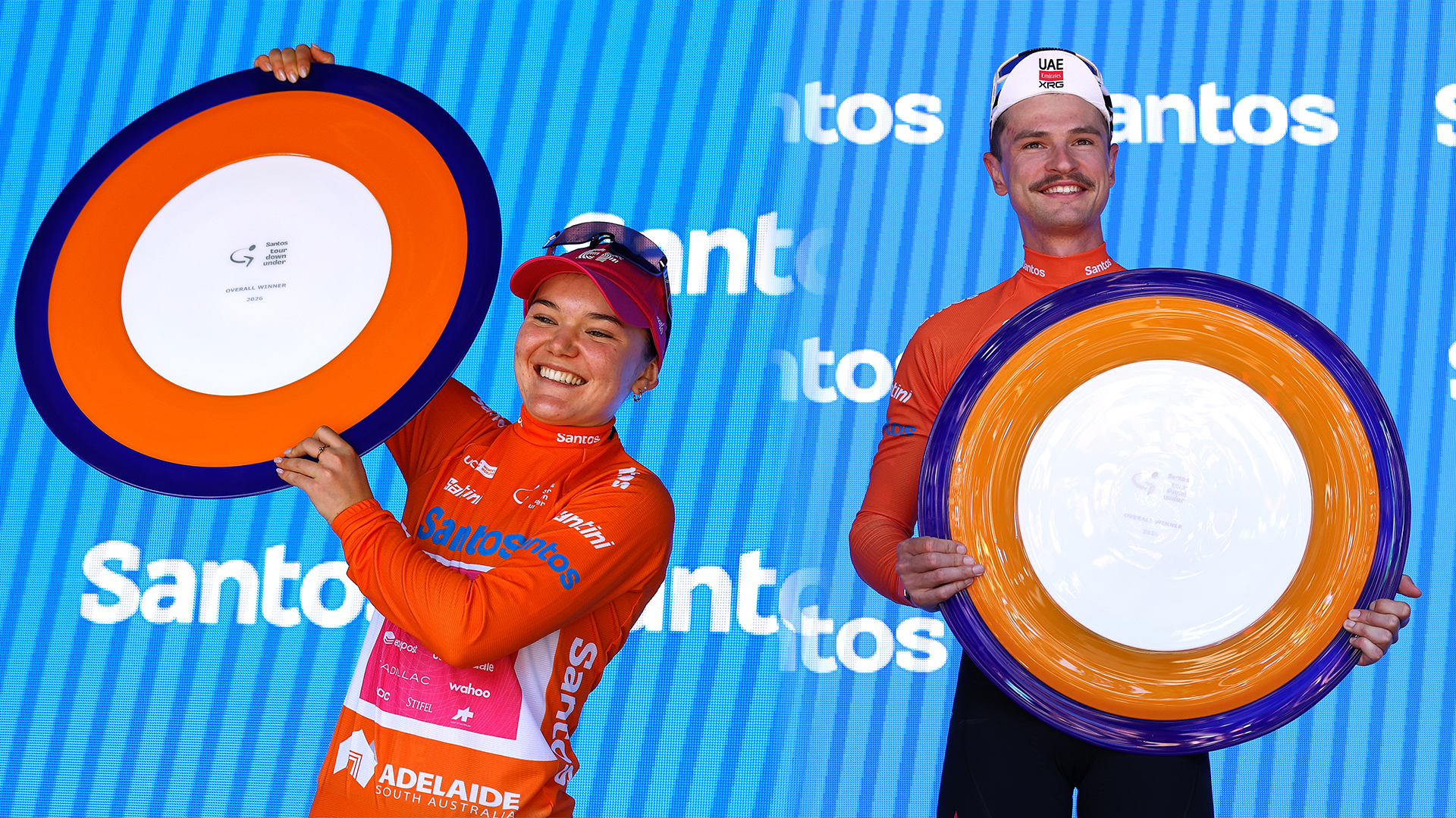 Split image of Noemi Ruegg and Jay Vine on the podium as winners of the Tour Down Under