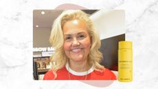 Caroline Hirons pictured in a red top, smiling with glowing skin beside an image of skin rocks the strong acid 