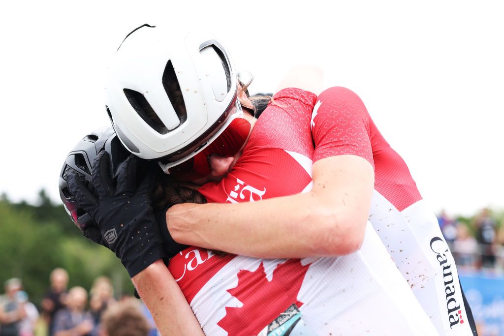 GLENTRESS FOREST PEEBLES SCOTLAND AUGUST 10 LR Second ranked Marin Lowe of Canada and race winner Isabella Holmgren of Canada react after the Women Junior Crosscountry Olympic at the 96th UCI Cycling World Championships Glasgow 2023 Day 8 UCIWT on August 10 2023 in Glentress Forest Peebles Scotland Photo by Dean MouhtaropoulosGetty Images