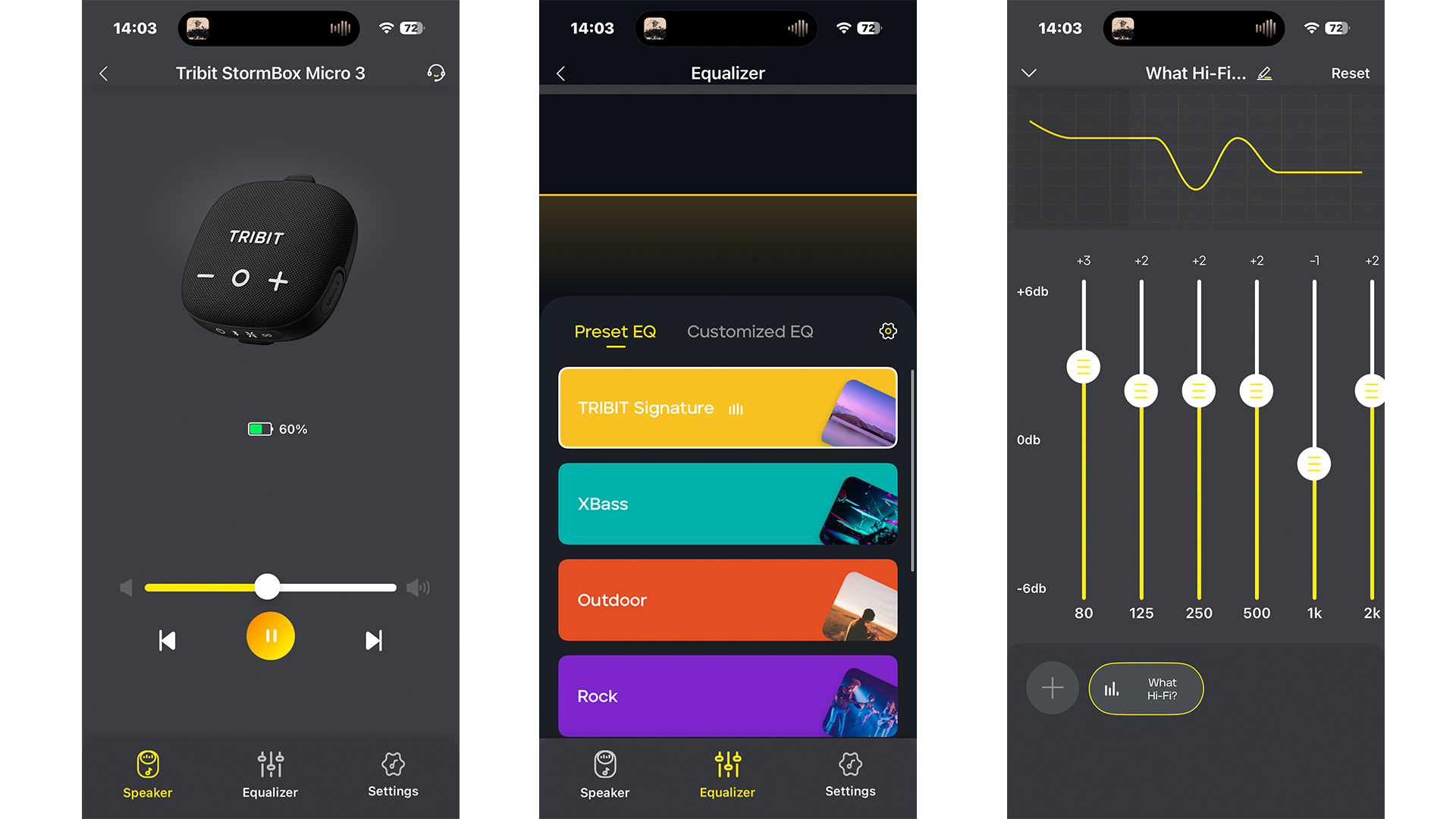 Tribit Stormbox Micro 3 Bluetooth speaker app on three smartphone screens