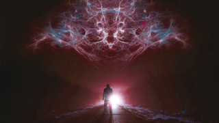 A man standing on a dark path, with red light all around and a strange swirling cosmic figure above
