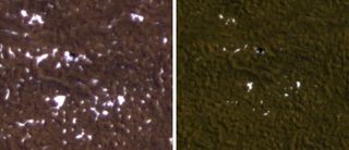 Stages in the seasonal disappearance of surface ice from the ground around the Phoenix Mars Lander are visible in these images taken on Feb. 8, 2010, (left) and Feb. 25, 2010, during springtime on northern Mars, by NASA's Mars Reconnaissance Orbiter.