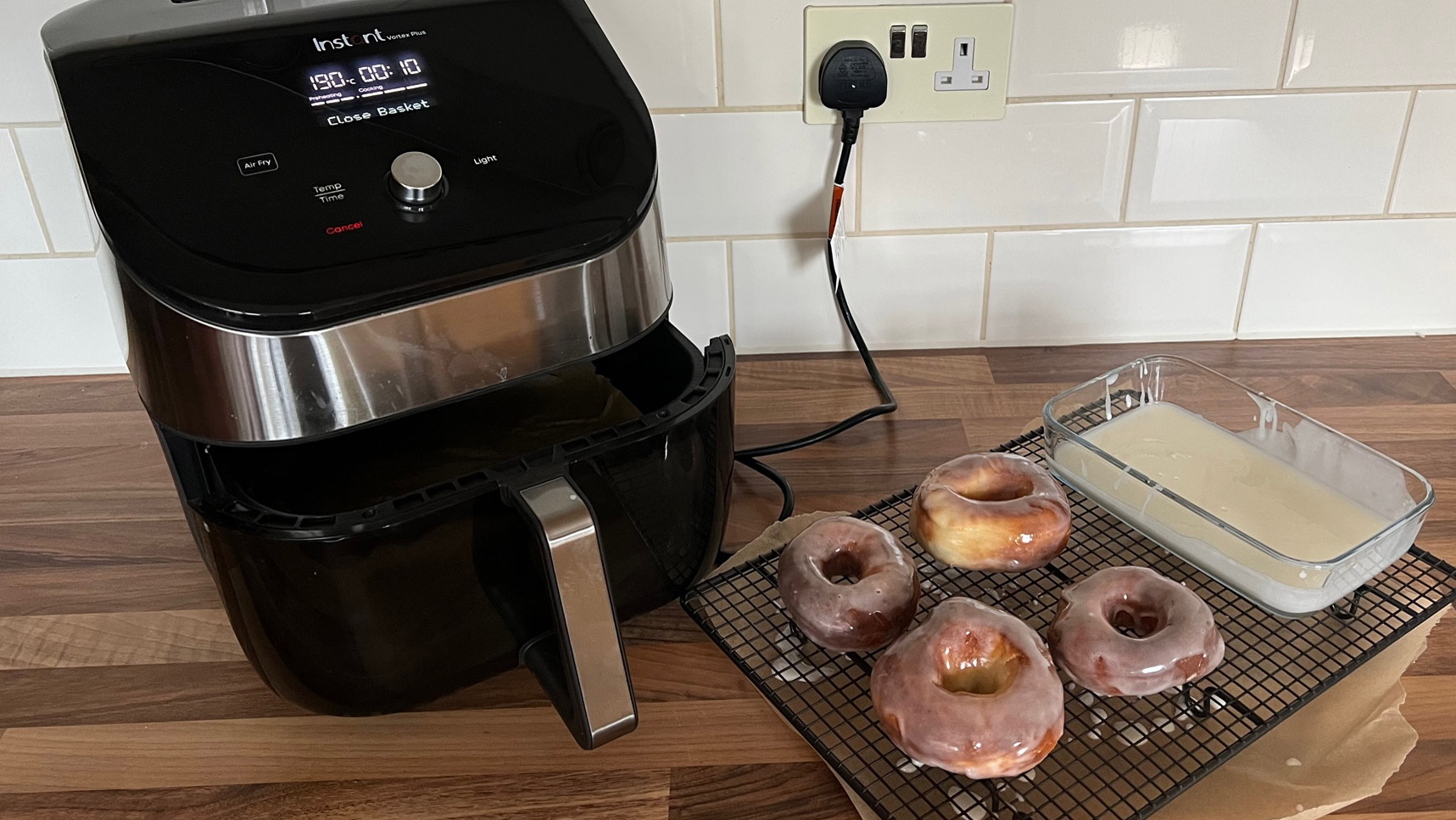 The first attempt at cooking donuts in an air fryer, that were then glazed