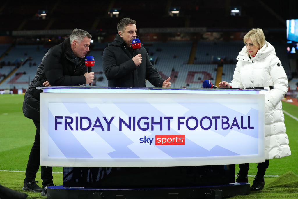 The Sky Sports 'Friday Night Football' panel during the Premier League match between Aston Villa and Sheffield United at Villa Park on December 22, 2023 in Birmingham, England.