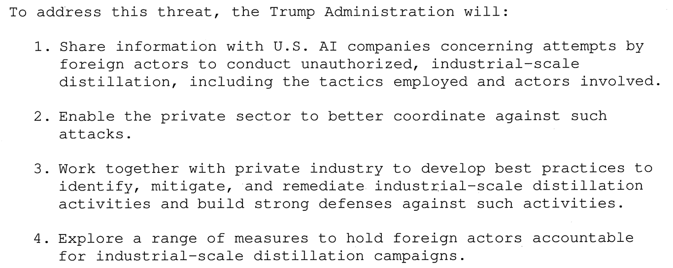 A section of a memorandum titled 'Adversarial Distillation of American AI Models' laying out how the Trump administration plans to deal with the threat.