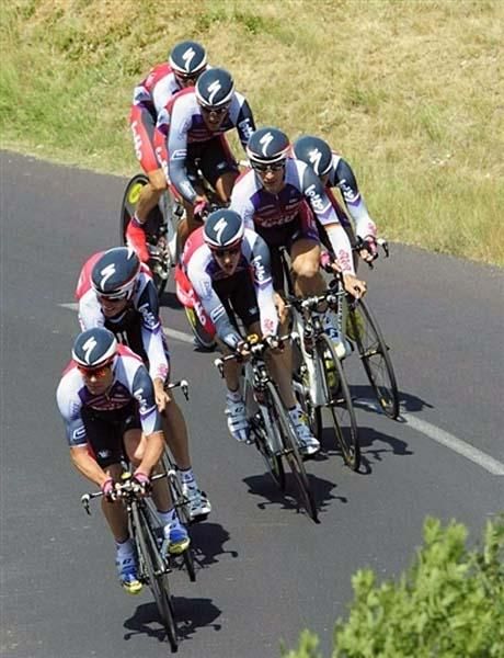 Silence-Lotto negotiates a bend in the team time trial stage.