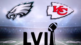 Super Bowl LVII graphic showing Eagles and Chiefs logos on gray background