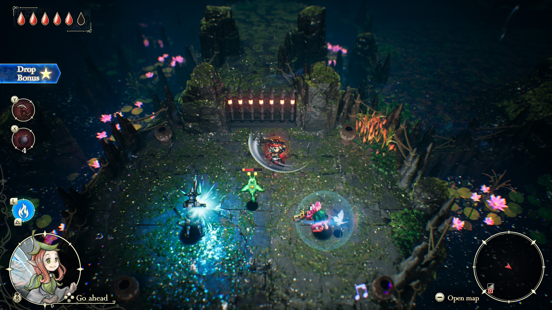 Fighting enemies in a forest dungeon in The Adventures of Elliot: The Millennium Tales