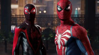 Most anticipated games 2023; spider-man and miles morales stand in a street