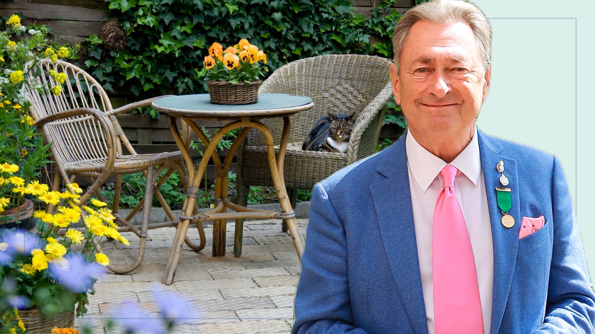 picture of garden patio with bistro set and cat with cut out of alan titchmarsh over top