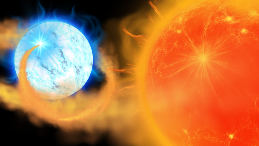An illustration of a white dwarf about to explode as it feeds on a companion star
