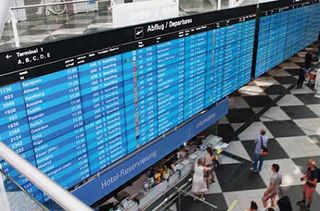 Munich Airport flight information display wall powered by Matrox Graphics technology. One of the largest digital FIDS walls in the world, comprising 72 NEC displays. Systems built and installed by InoNet Computer GmbH.