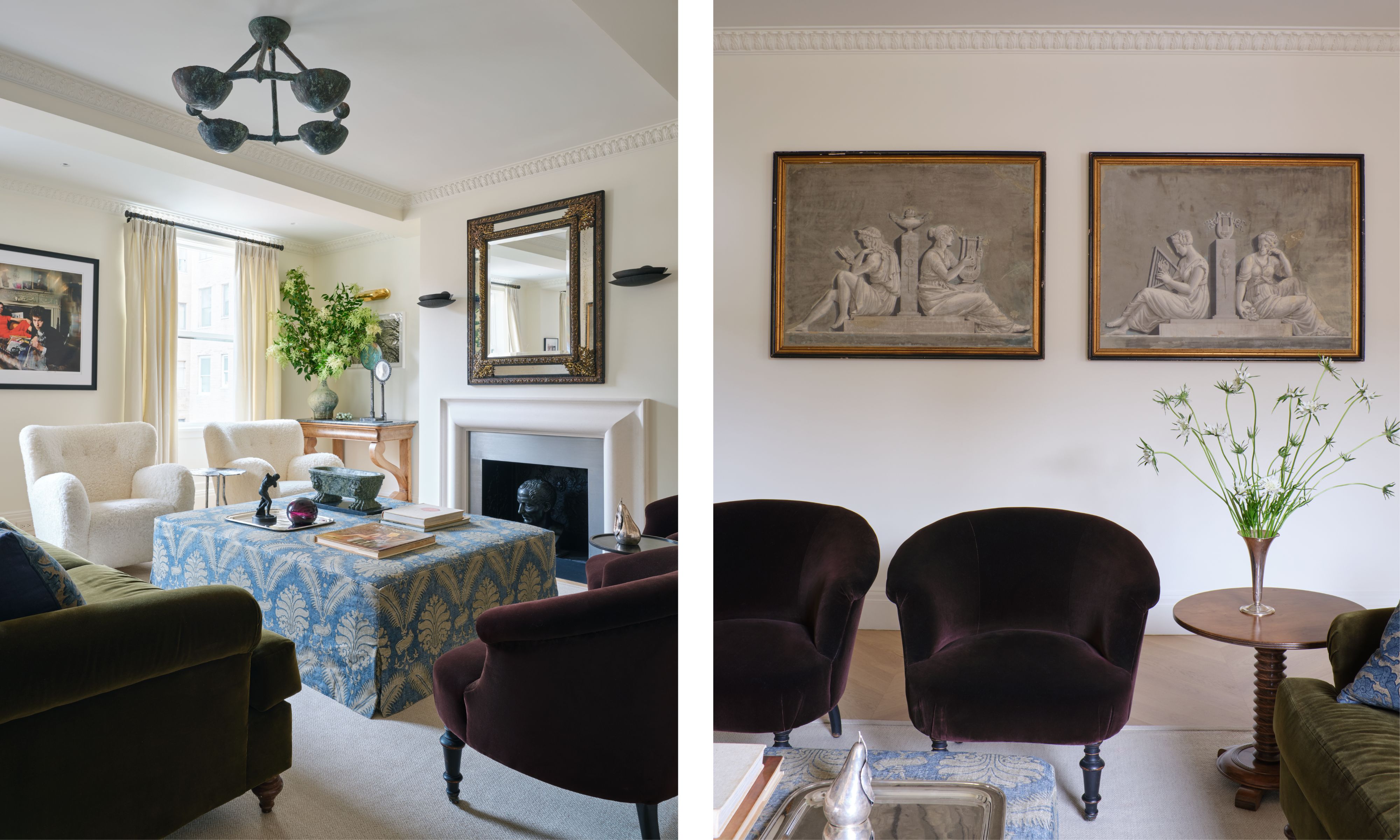 two side by side images of a layered living room in an upper east side apartment