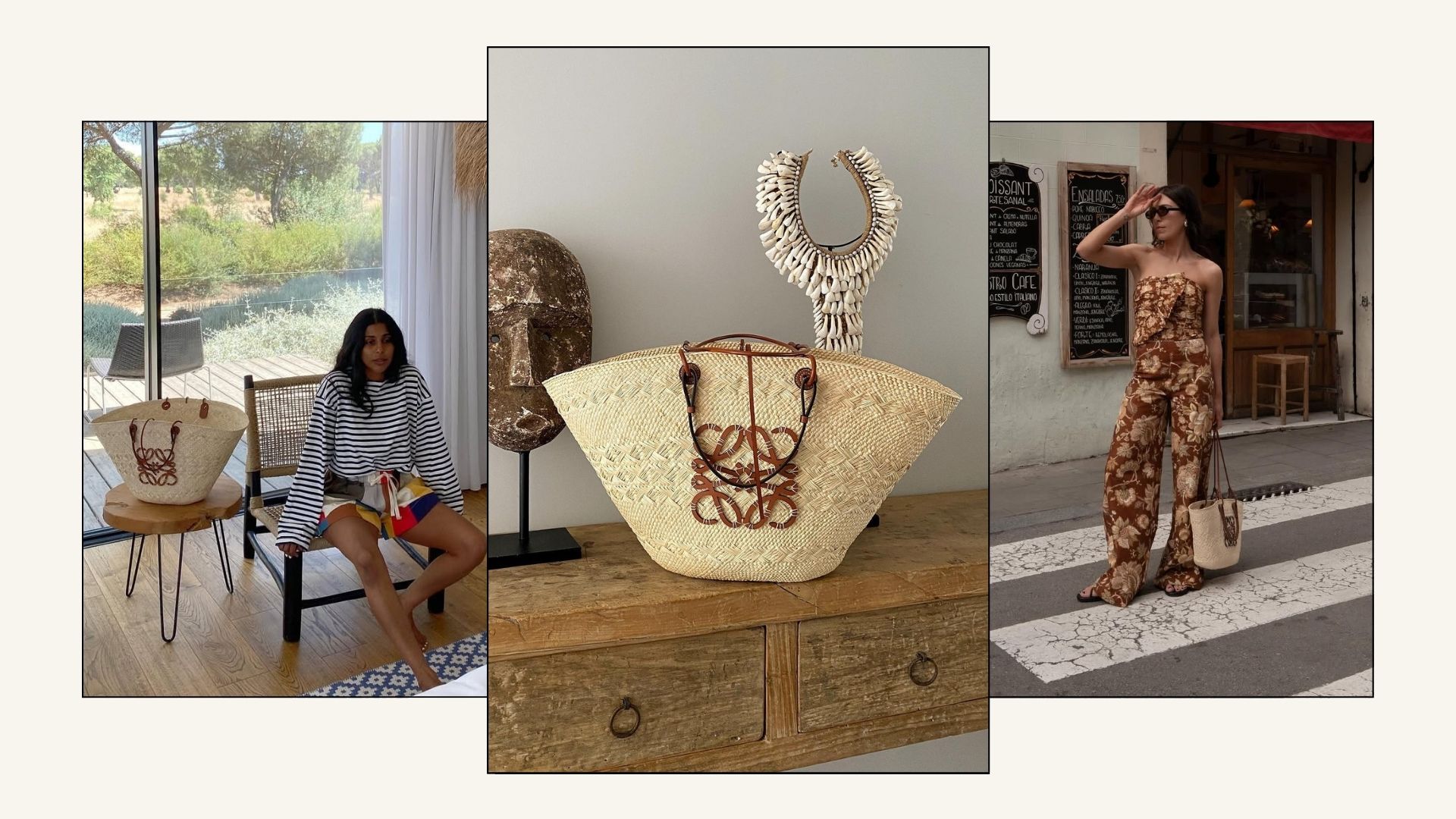 Three images of women carrying Loewe anagram basket bag