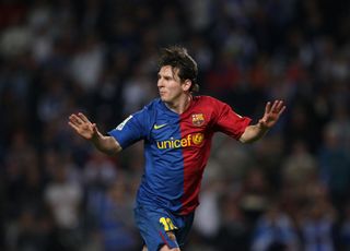 Manchester City wanted Lionel Messi of Barcelona celebrates scoring the winning goal from a penatly during the La Liga match between Espanyol and Barcelona at the Montjuic Olympic Stadium on September 27, 2008 in Barcelona, Spain. Barcelona won the match 2-1. (Photo by Jasper Juinen/Getty Images)