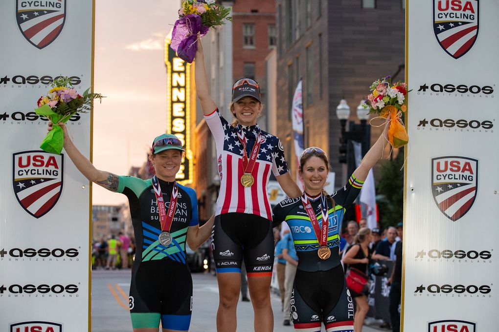 The 2019 US Pro criterium podium (left to right): Lily Williams, Emma White and Kendall Ryan
