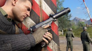 A soldier hides from guards in Sniper Elite 5