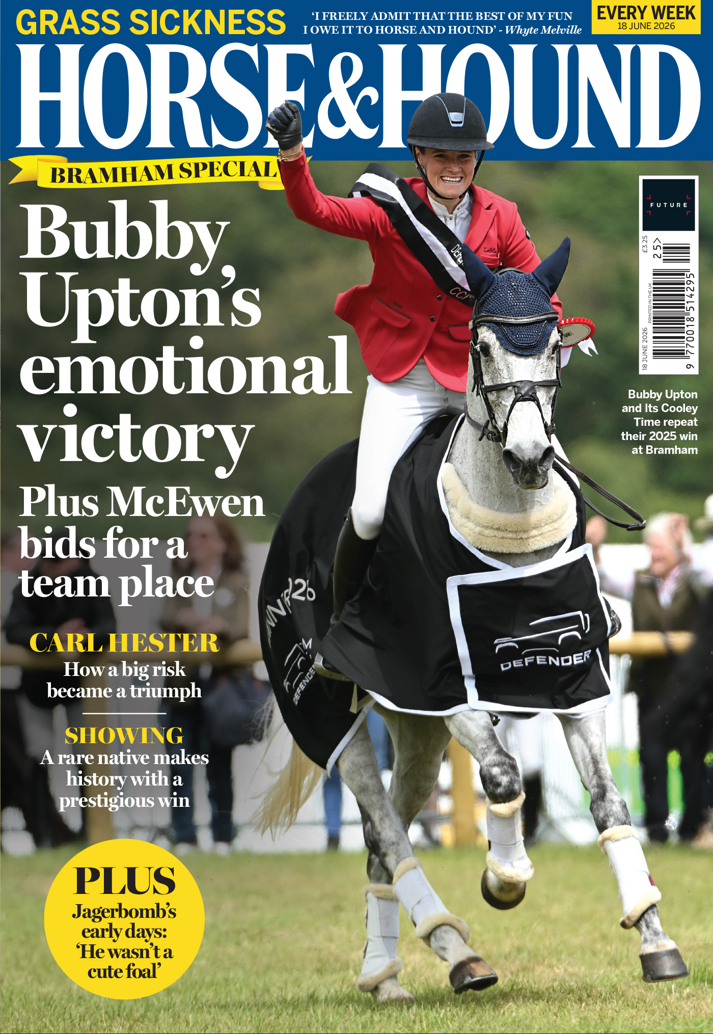 cover of Horse &amp; Hound featuring Bubby Upton riding a grey horse, she wears a red jacket and the horse wears a navy Defender Bramham winner's rug