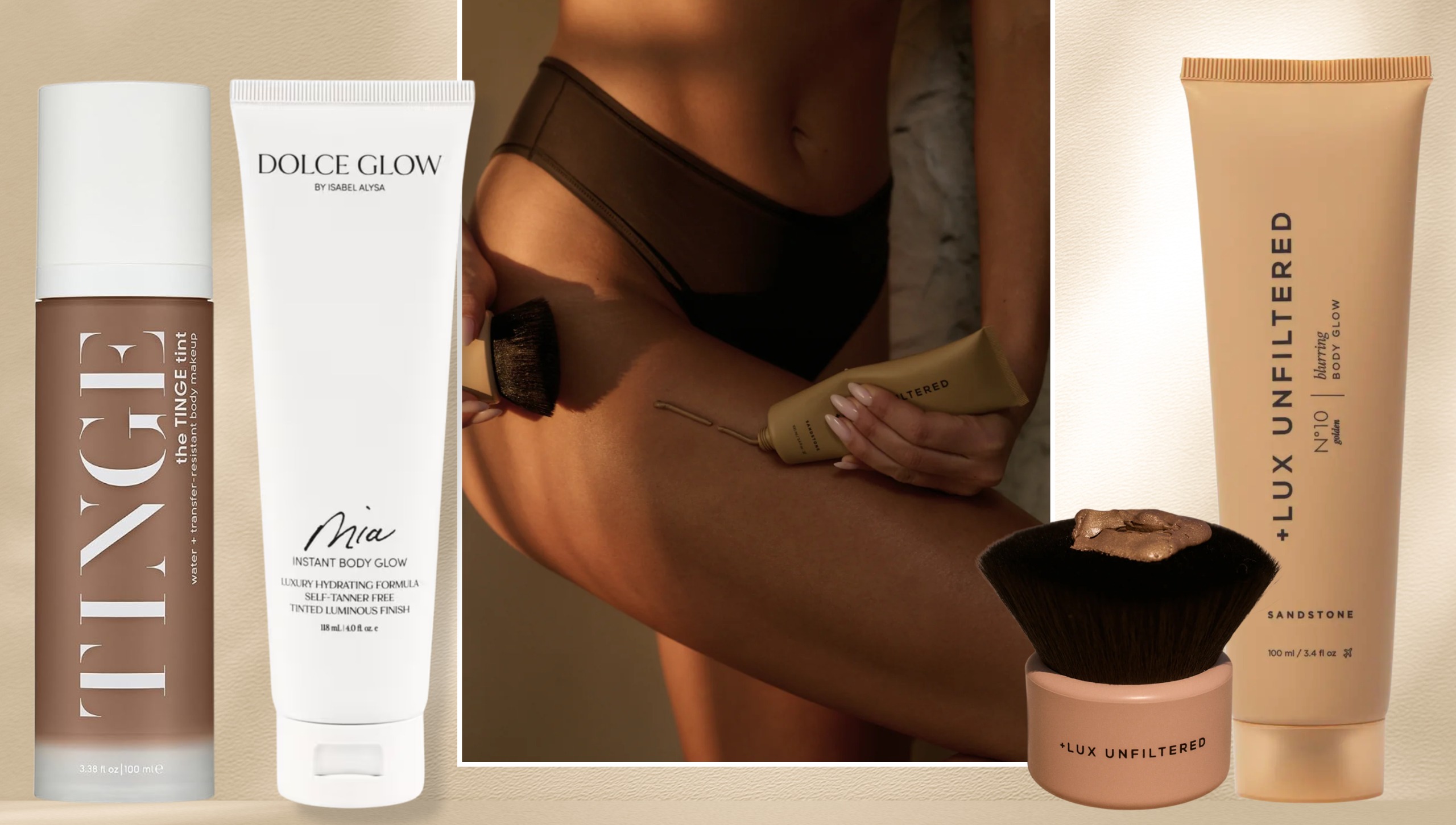 a person applying body makeup in brown swimsuit bottoms with a body brush next to body makeup products