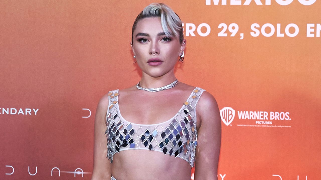 Florence Pugh Dune Part Two crop top skirt silver heels sandals red carpet