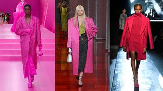 A composite of models on the runway showing coat trends 2022 pink