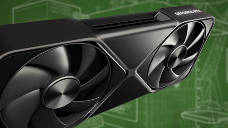 RTX 5090 graphics card with green Nvidia blueprint wallpaper in backdrop.