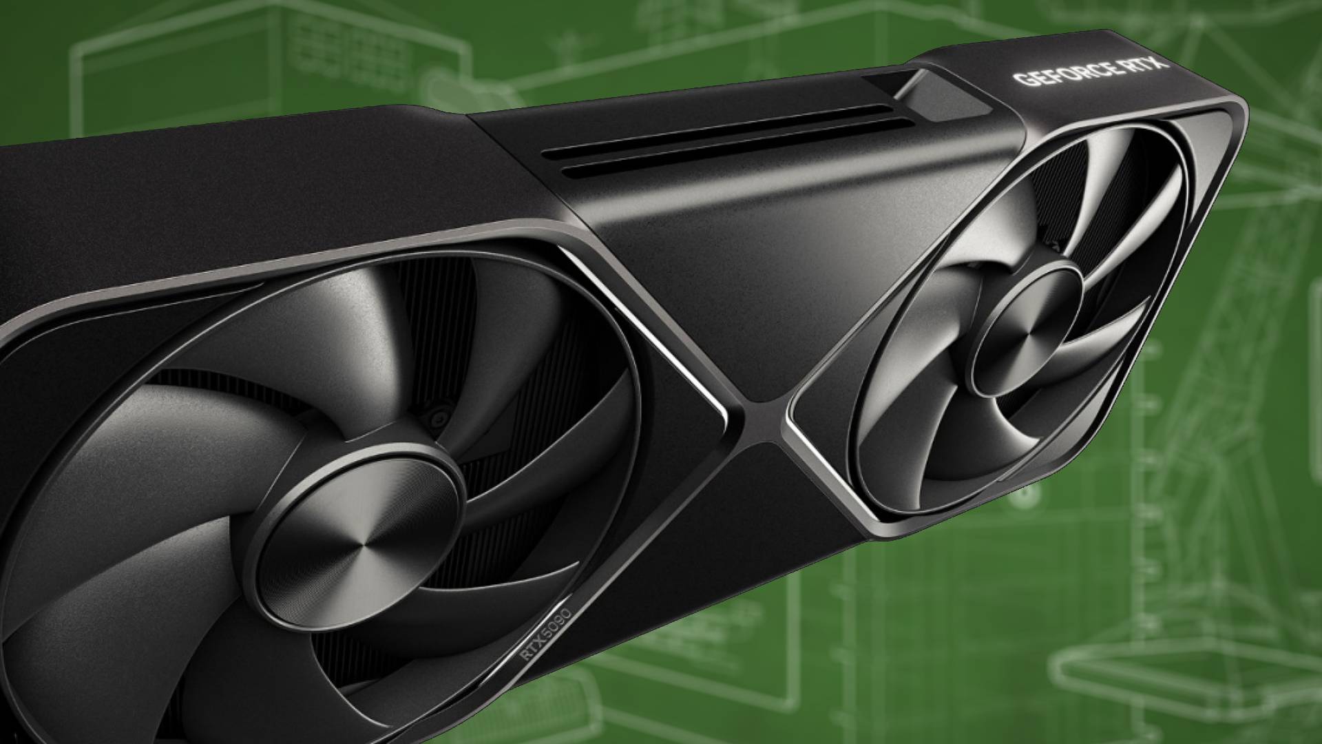 RTX 5090 graphics card with green Nvidia blueprint wallpaper in backdrop.