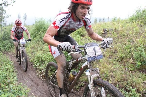Stefan Widmer and Marty Lazarski give it full gas in the singletrack