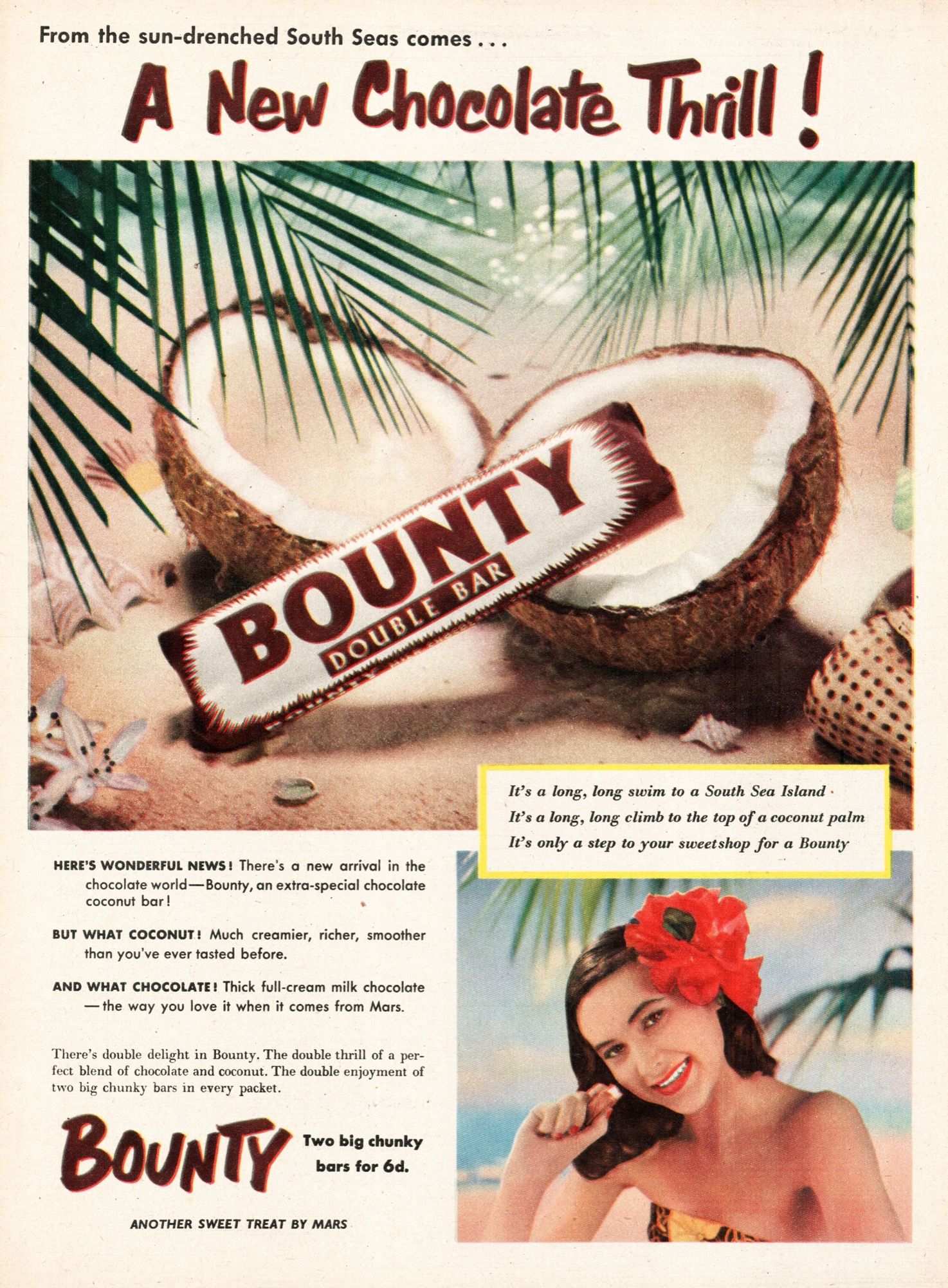 A UK advert for Bounty chocolate bar, showing coconuts, palm fronds and a woman dressed like she's on a pacific island