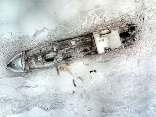The Aeryon Scout, an unmanned aerial vehicle or drone, assisted the U.S. Coast Guard escort Russian tanker Renda into Nome, Alaska. Here a photo of the tanker taken from the drone.