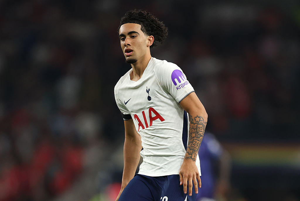 LONDON, ENGLAND - AUGUST 26: Luca Williams-Barnett of Tottenham in action during the Carabao Cup Second Round match between Tottenham Hotspur and Charlton Athletic at Tottenham Hotspur Stadium on August 26, 2026 in London, England. (Photo by Richard Heathcote/Getty Images)