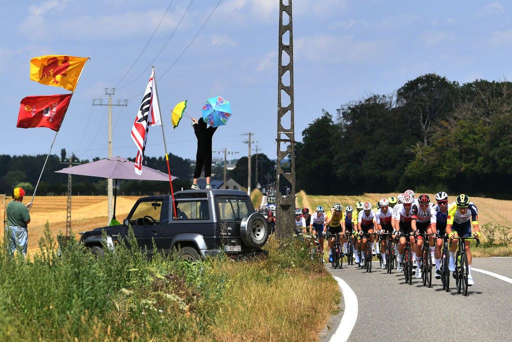 HUY BELGIUM JULY 23 LR Franois Bidard of France and Team Cofidis Felix Gro of Germany and UAE Team Emirates Iljo Keisse of Belgium and Team QuickStep Alpha Vinyl and Dimitri Claeys of Belgium and Team Intermarch Wanty Gobert Matriaux lead the peloton during the 43rd Ethias Tour de Wallonie 2022 Stage 1 a 1744km stage from Temploux to Huy 204m ethiastourdewallonie22 on July 23 2022 in Huy Belgium Photo by Luc ClaessenGetty Images