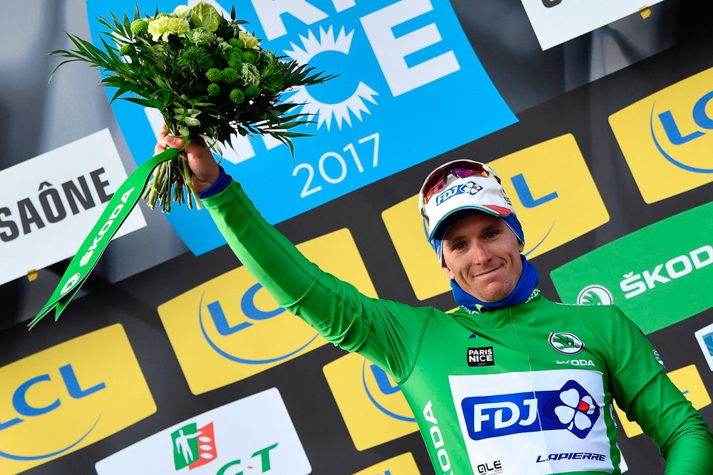 Arnaud Demare in green after stage 3 at Paris-Nice