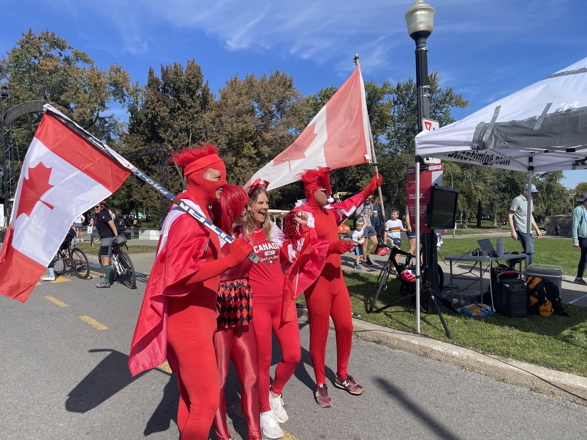 Canadian fans in fancy dress and waving flags at the World Championships in Montreal