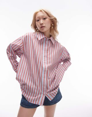 Topshop Petite Lightweight Shirt in Red and Blue Deckchair Stripe