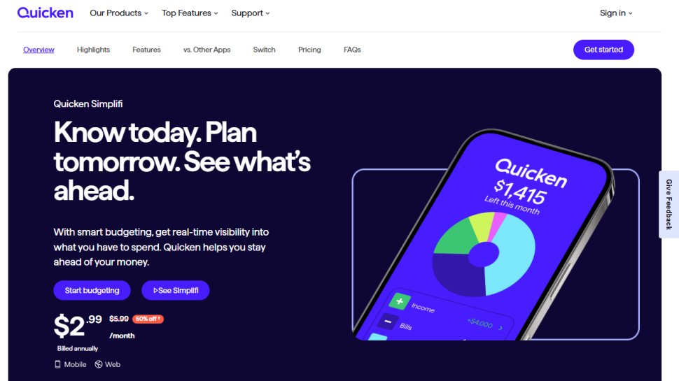 Website screenshot of Quicken Simplifi (January, 2026)